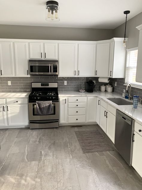 Painted White Cabinets, Grey Subway Tile, Gray And White Kitchen, Kitchen Ideas Dark Cabinets, Kitchen Ideas Dark, Diy Kitchen Renovation, White Kitchen Design, Dark Cabinets, Grey Kitchens