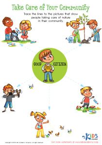 This worksheet depicts pictures of members of a community taking care of their community. Help your child follow the dotted lines to the pictures, and ignore the ones of bad citizens. Community Clipart, Taking Care Of Each Other, Eagle Facts, Social Studies Communities, Kindergarten Social Studies, Melting Moments, Values Education, Social Studies Worksheets, Line Game