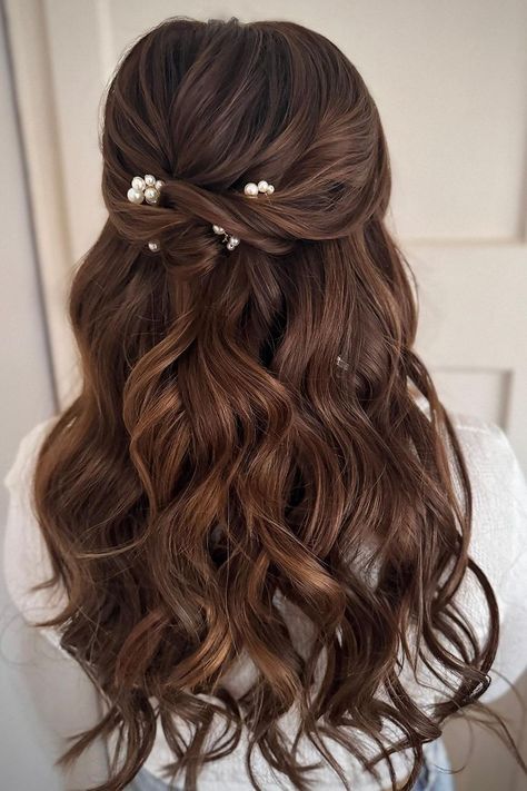 52 Gorgeous Wedding Hairstyles – Trendy Ideas for 2024 Wedding Hairstyles Half Up Half Down With Accessories, Wedding Hairstyles With Pearls Down, Bridal Hair Brown Half Up Half Down, Brunette Half Up Wedding Hair, Pearl Hairstyles Half Up Half Down, Wedding Hair Inspo Medium Length, Prom Hairstyles Half Up Half Down Braid Brown Hair, Wedding Hairstyle Brown Hair, Bridal Hair Half Up Pearls