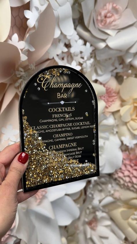 Dynamic elegance in motion! One of our bar signs, with mesmerizing gold and silver gems shimmering within. #boxedweddinginvitations #cocktailsign #barsign #weddinginspo #weddinginspiration #champagnecocktail #cocktails Winter Wedding Accessories, Diy Gifts To Sell, Making Wedding Invitations, Muslim Wedding Invitations, Box Wedding Invitations, Unique Wedding Cards, Wedding Planning Decor, Wedding Design Decoration, Wedding Cards Handmade