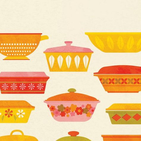 Rebecca Hollingsworth on Instagram: "Quick illustration of some vintage casserole dishes, expanding on some I’ve drawn previously! Loving the retro feel! 🧡 . . . . . .  #drawing #foodillustration #illustration #designer #illustrator #foodillustrator #womenillustrators #illustrationoftheday #texture #retroillustration #femaleillustrator #illustrated_now #womenofillustration #vintagecasseroledishes #illustrationartist #printandpattern #may #summer #kitchenprints #vintagedesign #dailychallenge #weareillustration #ladieswhodesign #illo#illustration_daily #foodillustrations #digitalillustration #theydrawandcook" Dishes Illustration, Donuts Illustration, Quick Illustration, Recipe Card, Kitchen Prints, Retro Illustration, Illustration Artists, Food Illustrations, Recipe Cards