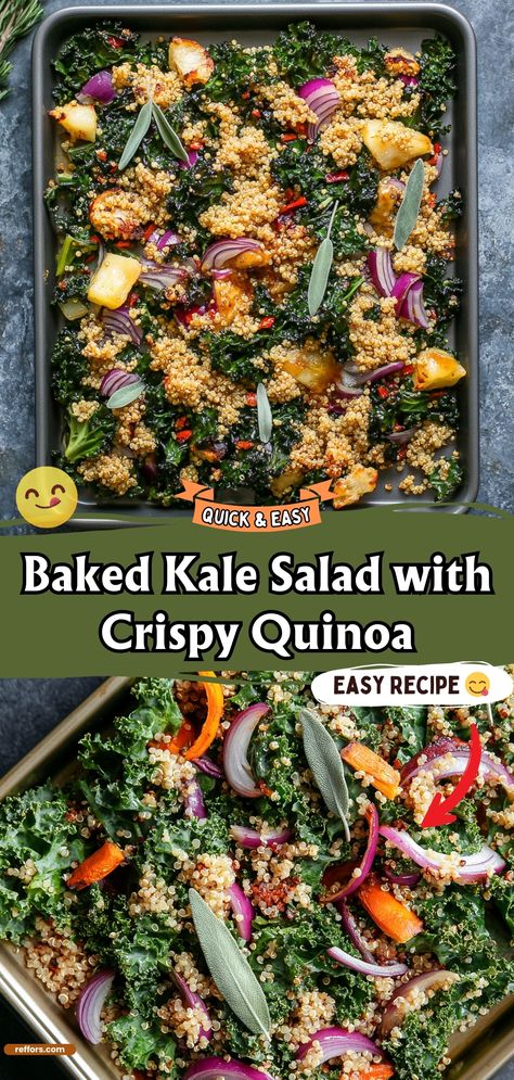 This Baked Kale Salad is a crispy, savory delight. Topped with crunchy quinoa and a tangy dressing, it’s a healthy and satisfying way to enjoy your greens. #KaleSalad #HealthyEating #CrispyQuinoa Kale And Cucumber Salad, Baked Kale Salad, Crispy Quinoa Salad Topping, Quinoa And Kale Recipes, Quinoa Kale Salad Recipes, Quick Dinner Sides, Crunchy Quinoa, Crispy Quinoa, Baked Kale