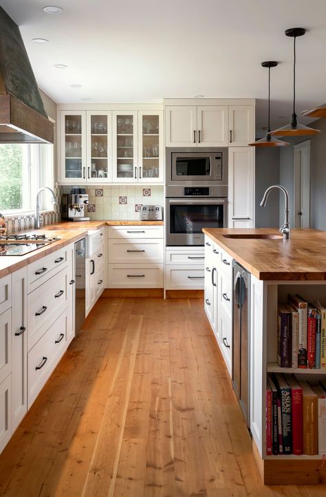 Butcher Block Effect on Rustic Design with Wooden Tissues and White Cabinets
The kitchen, where white cabinets meet with the wooden bench and butcher block island, makes the rustic feeling texture and butcher block. Square Butcher Block Kitchen Island, Butcher Block Counters With Wood Floors, Butcher Block In Kitchen, Butcher Board Kitchen, Kitchen Design With Butcher Block, Butcher Block With White Cabinets, White Cabinet Wood Countertop, Butcher Block Island With Sink, Kitchen Design Butcher Block