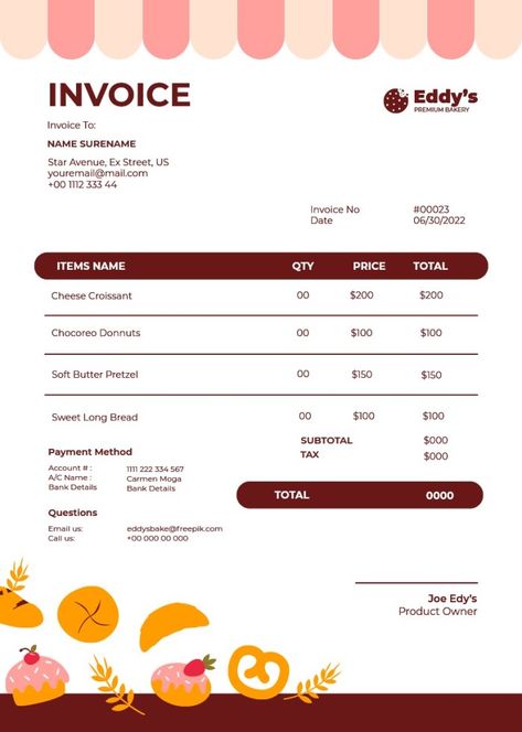 Hand-drawn Eddy's Bakery Invoice Bake Sale Flyer, Invoice Sample, Butter Pretzels, Opening A Bakery, Flour Bakery, Cheese Croissant, Invoice Design, Bakery Shop, Sale Flyer