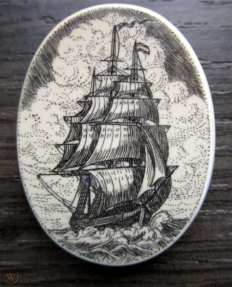 Scrimshaw Button by Kim & Katherine McClelland - Sailing Ship | #1888767368 Sailor Drawing, Dog Mural, Painting Ship, Scrimshaw Art, Tree Of Life Art, Flying Dutchman, Black Ink Tattoos, Beautiful Sea, Book Plates