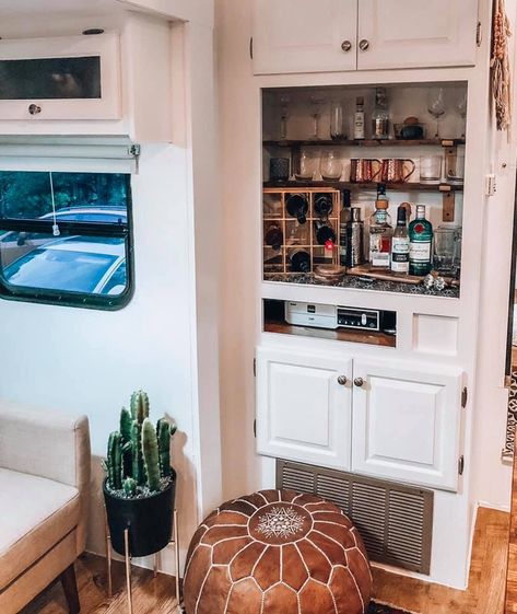 Turn tv cabinet into coffee bar Coffee Bar In Camper, Coffee Bar In Rv, Camper Tv Cabinet Remodel, Rv Bar Ideas, Rv Tv Cabinet Remodel, Rv Coffee Bar Ideas, Renovating Camper, Camper Coffee Bar, Rv Coffee Bar