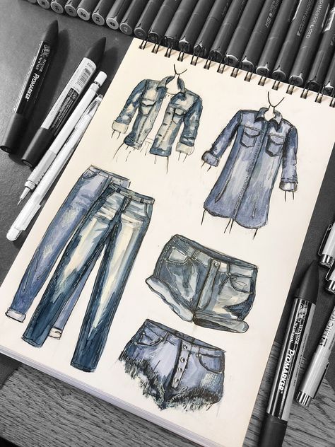 Denim Sketch, Denim Fashion Illustration, Double Denim Fashion, Fashion Illustration Chanel, Fashion Through The Decades, Fashion Design Books, Fashion Drawing Sketches, Fashion Illustrations Techniques, Texture Drawing