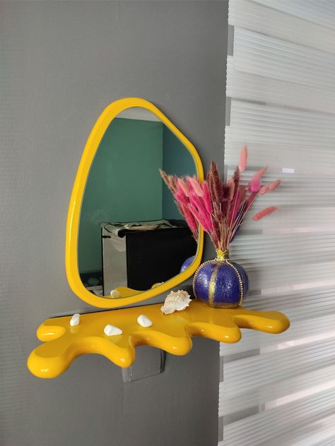 Modern Mirror,asymetrical Mirror,,wavy Shelf and Wavy Mirror, Unique Shelf, Curvy Shelf, Colorful Shelf, Wavy Shelf Decor and Mirror, - Etsy Funky Floating Shelves, Mirror And Floating Shelf, Curvy Shelf, Diy Funky Decor, Funky Shelves, Funky House Decor, Wavy Shelf, Medium Mirror, Retro Apartment Decor