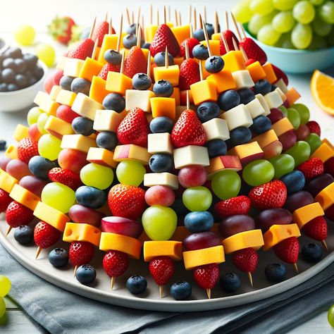 Fruit And Cheese Skewers, Cheese Kabobs, Cheese Skewers, Fruit Kebabs, Skewer Appetizers, Fruit Platter Designs, Fruit Skewers, Fruit Kabobs, Party Food Buffet