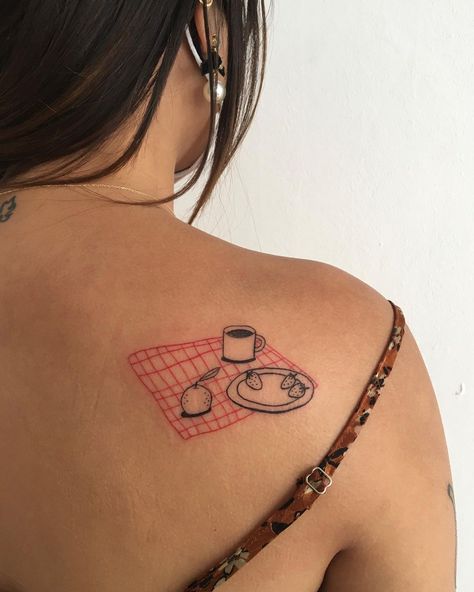 Julieta on Instagram: “Picnic blanket for Stephanie 🧺🍊🍓 #tattoo #tattooartist #tattooart #vegantattoos #contemporarytattooing #contemporarytattoo #freshtattoo…” Miro Tattoo Ideas, Upper Thigh Patchwork Tattoo, Pottery Tattoo Ideas, Breakfast Tattoo, Picnic Tattoo, Traditional Tattoo Inspiration, Unusual Tattoo, Traditional Tattoo Designs, Tattoo Now