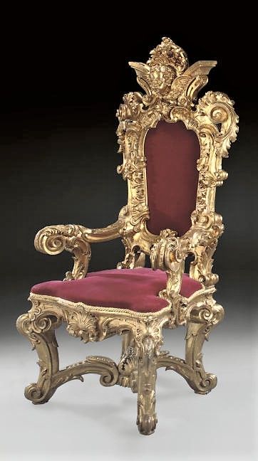 AN ITALIAN GILTWOOD THRONE CHAIR   BY GIOVANNI BERARDI, LATE 19TH C Ornate Chairs, King On Throne, Royal Chair, King Chair, Royal Throne, Royal Crown Jewels, Thrown Chair, Royal Furniture, French Rococo