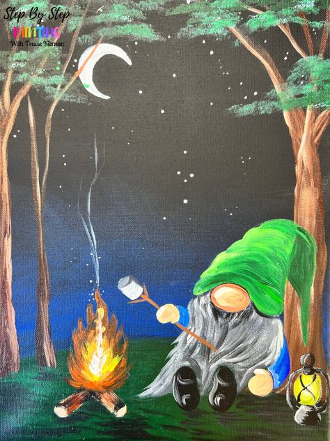 How To Paint A "Camping Gnome" - Step By Step Painting Canvas Painting Tutorials, Summer Painting, Canvas Painting Diy, Acrylic Painting Tutorials, Step By Step Painting, Night Painting, Painting Tutorials, Diy Canvas Art Painting, Acrylic Canvas