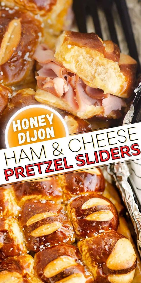 This easy recipe for Honey Mustard Ham & Cheese Sliders made with King's Hawaiian Pretzel Buns makes for a delicious bite of salty sweet goodness in less than 30 minutes. Serve these up for a quick dinner or a game day snack that is sure to be a hit! Pretzel Roll Sandwich, Pretzel Buns Sandwich, Pretzel Sliders, Honey Mustard Ham, Sliders Recipes Hawaiian Rolls, Pretzel Buns, Easy Slider Recipes, Ham Cheese Sliders, Ham Sliders