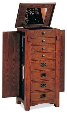 Oak Finish Wood Mission Style Jewelry Armoire Chest With Flip Up Mirror contemporary-dressers-chests-and-bedroom-armoires Armoire Diy, Jewelry Storage Cabinet, Painted Jewelry Armoire, Computer Armoire, Jewelry Armoires, Mission Oak, Black Gold Jewelry, Jewelry Chest, Jewelry Cabinet