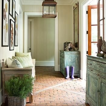 Rustic Wood Bed Bench Design Ideas - Page 2 French Country Entry, Enclosed Breezeway, Antique Brick Pavers, Rustic Wood Bed, Period Architecture, French Country Interiors, Antique Brick, Green Kitchen Cabinets, Eclectic Kitchen