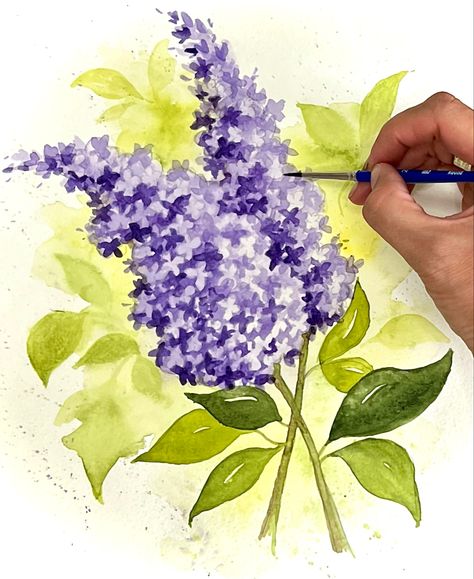 Beautiful Watercolor Lilac Tutorial! Lavender Flower Painting Easy, How To Paint Lilacs In Acrylic, Painting Lilacs Acrylic, Spring Watercolor Tutorials, Purple Flowers Watercolor Painting, Watercolor Lilacs Tutorial, Lilac Painting Easy, How To Paint Lilacs, Watercolour Botanical Flowers