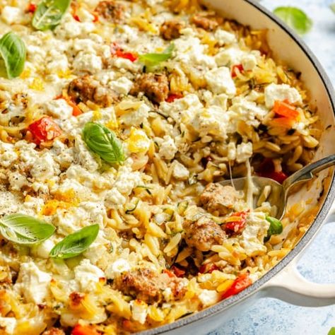 Zucchini & Sausage Baked Orzo | Ambitious Kitchen Zucchini And Sausage, Zucchini Sausage, Honey Feta, Ambitious Kitchen Recipes, Baked Orzo, Macro Recipes, One Pan Meal, Prep Meals, Healthy Wellness