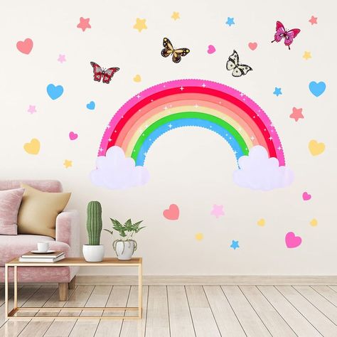 Yeaqee Rainbow Wall Decals Removable Star Butterfly Heart Wall Sticker Watercolor Star Rainbow Wall Sticker Vinyl Girls Room Decorations for Nursery Baby Kids Girl Teen Bedroom Butterfly Room Decor, Rainbow Wall Decal, Butterfly Room, Heart Wall Stickers, Star Wall Decals, Room Wall Painting, Butterfly Heart, Kids Interior Room, Kids Room Wall Decor