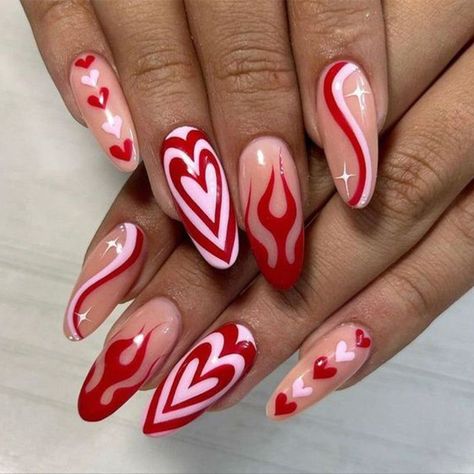 Elevate your style with a bold and vibrant red press-on nail design. February Nails, Nail Designs Valentines, Her Nails, Red Nail Designs, Nail Swag, Heart Nails, Fire Nails, Funky Nails, Nails Short