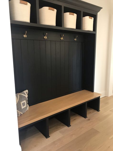 Boot Bench Entryway, Entrance Cubby Ideas, L Shaped Mudroom Ideas, Mud Bench Entryway, Modern Hallway Tree, Black Drop Zone, Rustic Modern Mudroom, Black Shiplap Entryway, Black Mudroom Wall