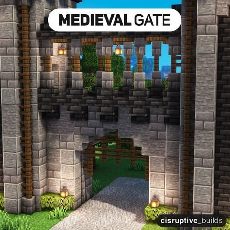 Medieval Castle Gate Minecraft, Medival Gate Minecraft, Minecraft Castle Gate Design, Minecraft Stone Entrance, Minecraft Medieval Castle Walls, Stone Wall Design Minecraft, Minecraft Walls Ideas Medieval, Minecraft Castle Gate Ideas, Minecraft Medieval Entrance