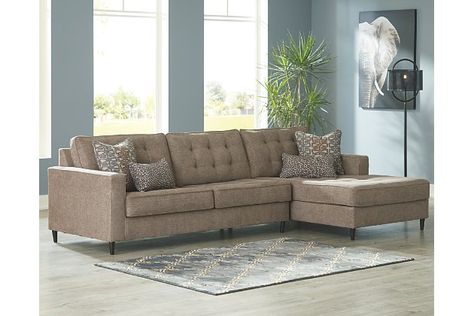 Flintshire 2-Piece Sectional with Chaise   | Ashley Furniture HomeStore Traditional Cushions, Mid Century Furnishings, Sectional With Chaise, Sectional Sofa With Chaise, Brown Couch, Fabric Sectional Sofas, Sectional With Ottoman, Stylish Throw Pillows, Bohemian House