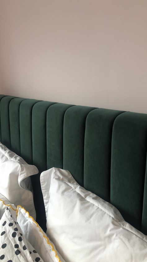 Dark green velvet headboard Green Velvet Headboard, Green Upholstered Bed, Headboard Velvet, Velvet Bedroom, Green Headboard, Home Theater Room Design, Diy Headboard Upholstered, Headboard Bed, Dark Green Velvet