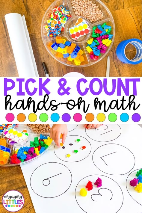 A fun hands-on way to practice counting and number identification with your child. This activity is great for building number sense as your child practices understanding that each number is represented by a symbol and quantity. Modify the level of this activity by using number representations, written numerals, or even addition/subtraction problems! Numeral Identification Activities, Number Building Activities, Hands On Number Activities, Representing Numbers Kindergarten, Hands On Counting Activities, Butcher Paper Ideas Preschool, Butcher Paper Activities Kindergarten, Preschool Butcher Paper Activities, Butcher Paper Preschool Activities