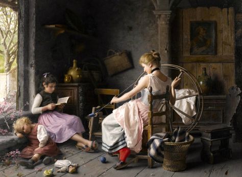 The Spinning Wheel. Giovanni Battista Torriglia (Italian, 1858-1937). Oil on canvas.Best known as a genre painter, Torriglia was particularly revered for his sensitive depictions of domestic family life. His paintings generally involve multi-figured compositions and involve a strong narrative element. Torriglia was keen to show that happiness was not dependent on material wealth, clearly demonstrated by the smiling mother spinning and one child reading. Narrative Elements, Italian Life, Art Ancien, Antique Paint, Spinning Wheel, Italian Artist, Pablo Picasso, Great Artists, Classic Art