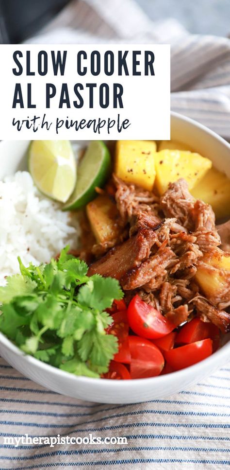 Super simple way to make homemade al pastor - in the slow cooker! There's an easy blender sauce, tangy pineapple chunks, and tender shredded pork that is SO yummy and perfect for meal prep. Make this Mexican delicacy in advance and use it all week long on tacos and burrito bowls. Gluten free, 10 ingredients, almost all hands off cooking time. YUM. via @howertonhastings Crockpot Al Pastor Tacos, El Pastor Recipe Slow Cooker, Al Pastor Slow Cooker, Al Pastor Recipe Slow Cooker, Slow Cooker El Pastor, Pork Al Pastor, Slow Cooker Pork Tacos Al Pastor, Slow Cooker Pernil (puerto Rican Roast Pork), Boneless Pork Shoulder Roast