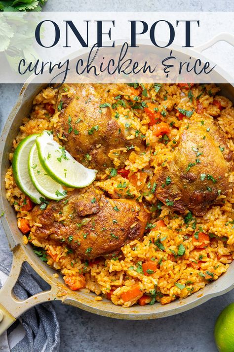 Made entirely in one pot, this curry chicken and rice is packed with juicy chicken thighs, tender vegetables, and fluffy curry-spiced rice. One Pot Chicken Curry, Chicken Thigh Curry, Baked Curry Chicken, Chicken Thighs And Rice, Curry Chicken Thighs, Pan Seared Chicken Thighs, Juicy Chicken Thighs, Cumin Chicken, Curry Chicken And Rice