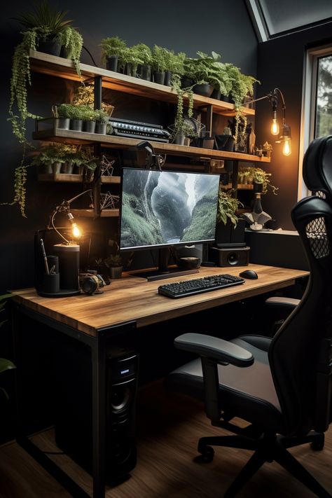 Rustic Gaming Setup, Earthy Desk Setup, Office Ideas Minimalist, Office Inspiration Modern, Women Office Ideas, Industrial Modern Office, Setup Minimalist, Minimalist Office Design, Minimalist Setup