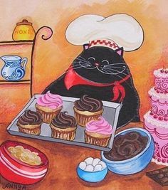 Annya Djachiachvili. Image Chat, Black Cat Art, Cat Artwork, Cats Illustration, Fat Cats, Pastry Chef, Cats Meow, Cat Illustration, Cat Drawing