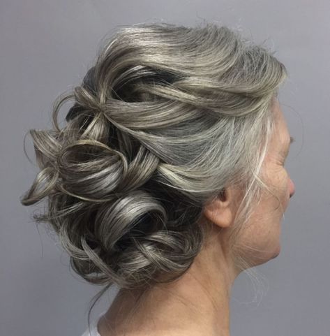 Gray Curly Updo For Mother Of The Bride Mob Hairstyle Women, Mother Of Bride Hair, Mother Of The Bride Hairdos, Mob Hair, Mother Of The Bride Hairstyles, Wedding Hairdo, Groom Hair, Mother Of The Groom Hairstyles, Hair For Wedding