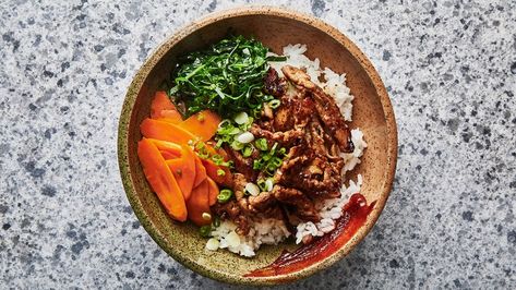 Spicy Pork Tenderloin Bowl Recipe | Bon Appetit. Ginger and soy sauce marinade. Spicy Pork Bowl, Spicy Pork Tenderloin, Pork Bowl, Chile Colorado, Ginger Pork, Sauteed Kale, Red Rice, Spicy Pork, Sauteed Veggies