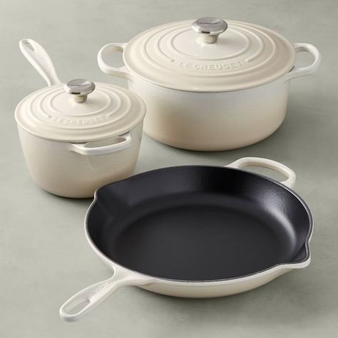 Kitchen Work Triangle, White Pots, Cast Iron Cookware Set, Le Creuset Cookware, Enameled Cast Iron Cookware, Aesthetic Kitchen, Pots And Pans Sets, Cookware Sets, Cast Iron Cookware