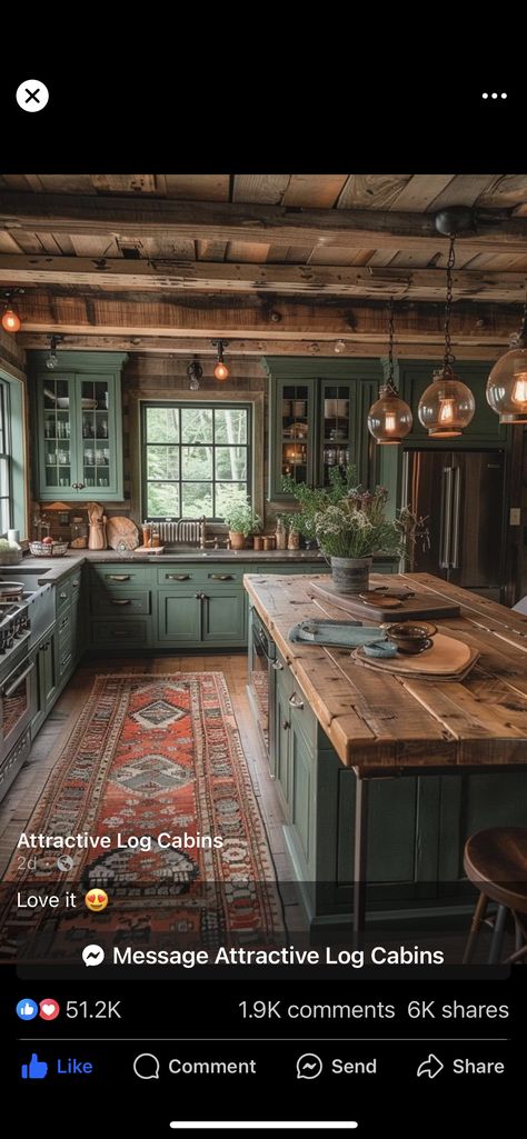 Pine Cabinet Makeover, Green Cottage Kitchen, Dark Blue Kitchen Cabinets, Knotty Pine Kitchen, Green Kitchen Backsplash, Knotty Pine Walls, Green Kitchen Walls, Dark Blue Kitchens, Green Kitchen Island