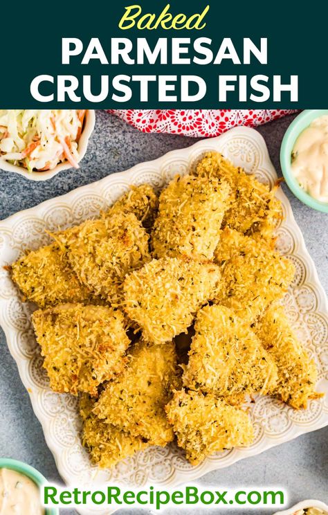 Baked Parmesan Crusted Fish is made with hand breaded Tilapia filets, nuggets, or strips and is served with a delicious homemade tartar sauce. This is a nice recipe for breaded fish baked in the oven. You can have this easy and delicious, perfect weeknight seafood dinner on the dinner table in about 30 minutes. retrorecipebox.com Parmesan Crusted Fish, Breaded Tilapia, Breaded Fish, Crusted Fish, Frozen Tilapia, Parmesan Crusted Tilapia, Crusted Tilapia, Baked Tilapia, Fish Dinner Recipes