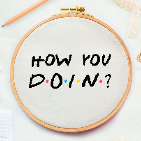 Cross Stitch Friends Tv Show, How You Doing Joey, Cross Stitch Friends, Friends Embroidery Tv Show, Cross Stitch Home Decor, Embroidery Friends, Friends Cross Stitch Pattern, Friend Embroidery, Serial Friends