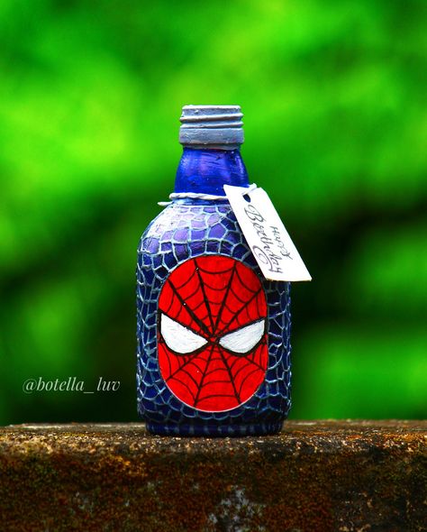 Gift for Spiderman fan boy or girl. Old monk bottle art. Acrylic painting on bottle. Old Monk Bottle Painting, Old Monk Bottle Art, Diy Bottles, Old Monk, Fan Boy, Princess Quotes, Painted Bottles, Bottle Diy, Whisky Bottle