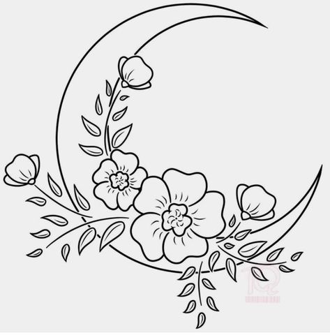 Leaves And Moon Tattoo, Moon Drawing With Flowers, Embroidery Moon And Flowers, Black And White Moon Drawing, Embroidery Designs Black And White, Sea Themed Tattoos Minimal, Embroidery Flowers Drawing, Art Sketches Aesthetic Flowers, Cute Flower Drawing Simple