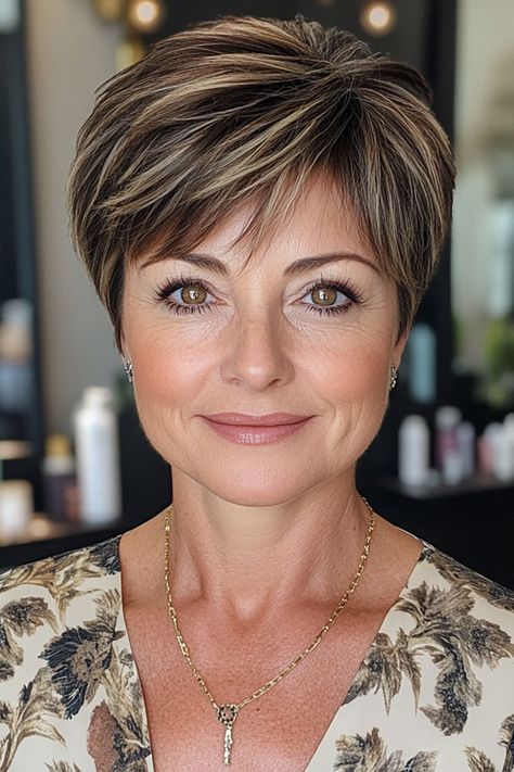 13. Warm Brunette Pixie with Highlights This warm brunette pixie with blonde highlights combines softness with structure. The finely layered cut creates volume and movement, while the blonde highlights add dimension and brightness. Short Brown Hair With Highlights Pixie, Brown Pixie With Highlights, Pixie With Blonde Highlights, Brunette Pixie With Highlights, Pixie With Highlights, Haircut For Women Over 50, Pixie Haircut For Women, Long Pixie Haircut, Soft Blonde Highlights