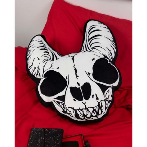 WAKE 'N' BAKE CAT SKULL CUSHION This is a very anatomically accurate cat skeleton okay.. Made from soft as a cloud micro mink, this cushion is the perfect statement for any lounge room or head rest for movie nights and a great cuddle buddy. #offyatree #offyatreeaustralia #wakenbake #cushion #catlover #skullcushion Goth Cat Bed, Meow Skulls, Bong Shop, Goth Art Work Cat Rug, Bed Sheets Skull, Goth Body Pillow Cover, Wake And Bake, Cat Skeleton, Skull Pillow