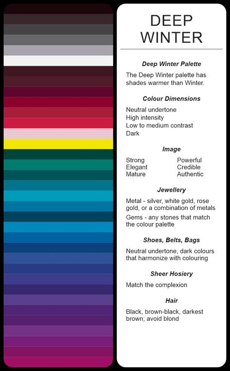 Deep Cool Winter Color Palette, Best Hair Colour For Deep Winter, Winter Shades Colour Palettes, Winter Season Colour Palette, Deep Winter Wardrobe Palette, Palette Winter Deep, Deep Winter Pallet Outfits, Deep Winter Jewel Tones, Dark Winter Pallette