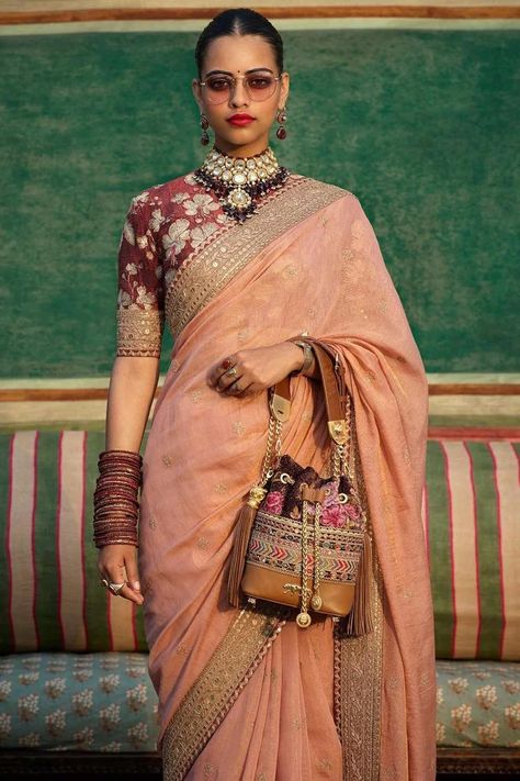 Sabyasachi Suits, Peach Combination, Sabyasachi Collection, Court Marriage, Aashni And Co, Cotton Dress Pattern, Sabyasachi Sarees, Indian Luxury, Peach Saree