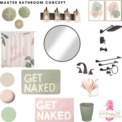 Pink Green And Gold Bathroom, Pink And Olive Green Bathroom, Pink Green Gold Bathroom, Blush Pink Boho Bathroom, Sage And Blush Bathroom, Sage Green Pink Bathroom, Sage Green And Blush Bathroom, Blush Pink Bathroom Ideas, Pink And Green Boho Bathroom