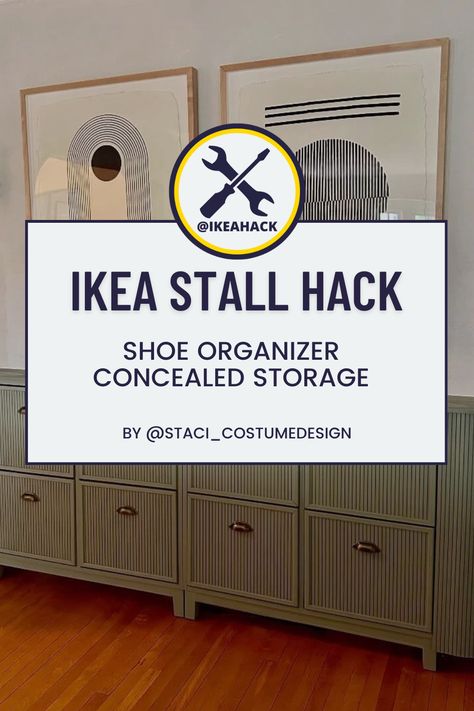 Ikea Stall Hacks, Stall Shoe Cabinet Hack, Ikea Stall Shoe Cabinet Hack, Ikea Stall, Pole Wrap, Concealed Storage, Creative Problem Solving, Ikea Cabinets, Organization Solutions