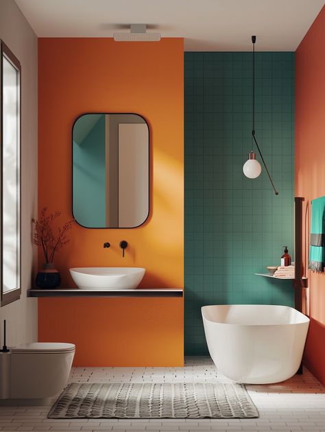 75 Trending Bathroom Paint Colors for a Modern Look Wes Anderson Aesthetic Bathroom, Burnt Orange And Green Bathroom, Bathroom Yellow Walls, Small Bathroom Colourful, Bathroom Accent Wall Color, Fun Bathroom Colors Paint, Restroom Color Ideas, Bold Color Bathroom, Funky Half Bathroom Ideas