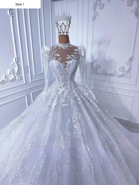 Huge Wedding Dresses, White Ballgown, Pretty Gowns, High Neck Style, Long Sleeve Ball Gown Wedding Dress, Dresses Cinderella, Puffy Wedding Dresses, Wedding Ides, Wedding Dress With Train