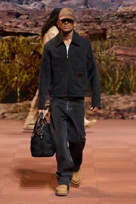 Louis Vuitton Fall/Winter 2024 at Paris Fashion Week | Hypebeast Timbaland Boots, Louis Vuitton Outfits, Couture Menswear, Couples Clothes, 2024 Menswear, Paris Fashion Week Runway, American Workwear, American Western, Louis Vuitton Fashion